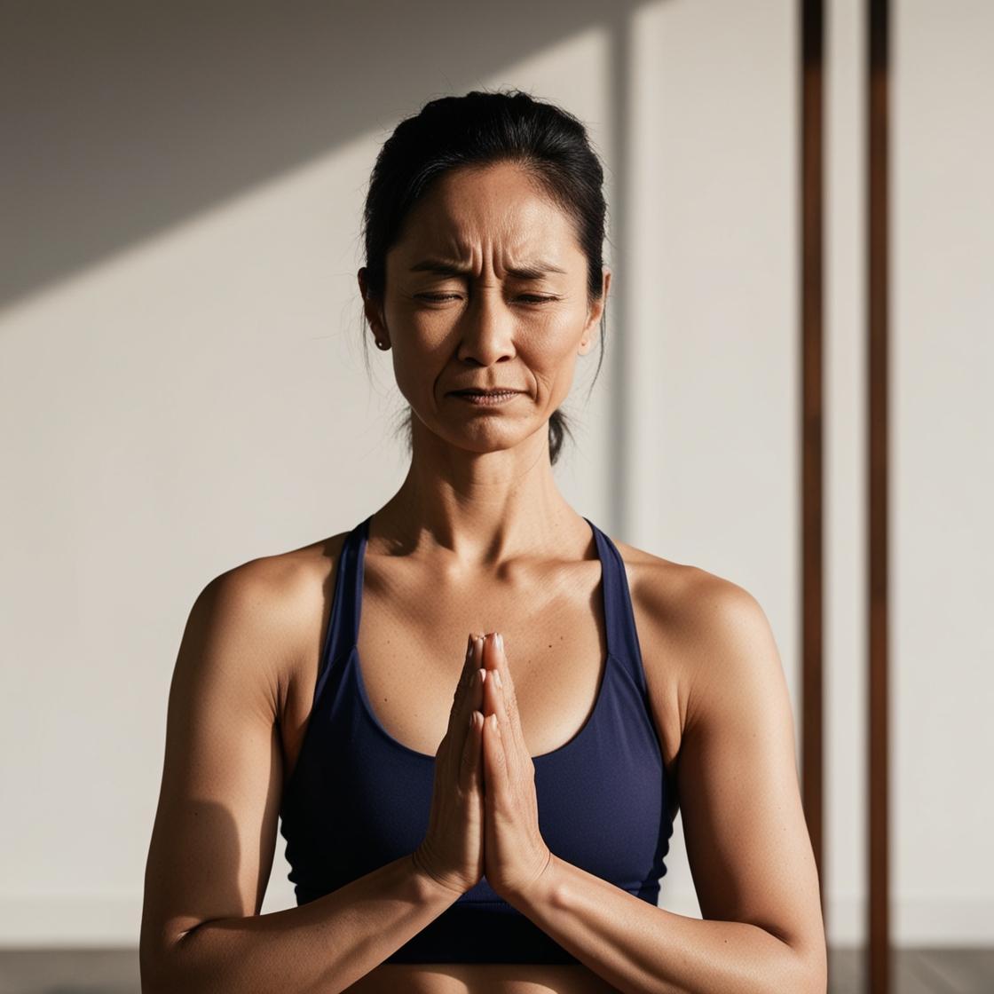 professeur de yoga, environ 30 à 40 ans, malheureuse qui fronce les sourcils. On la voit en entière
