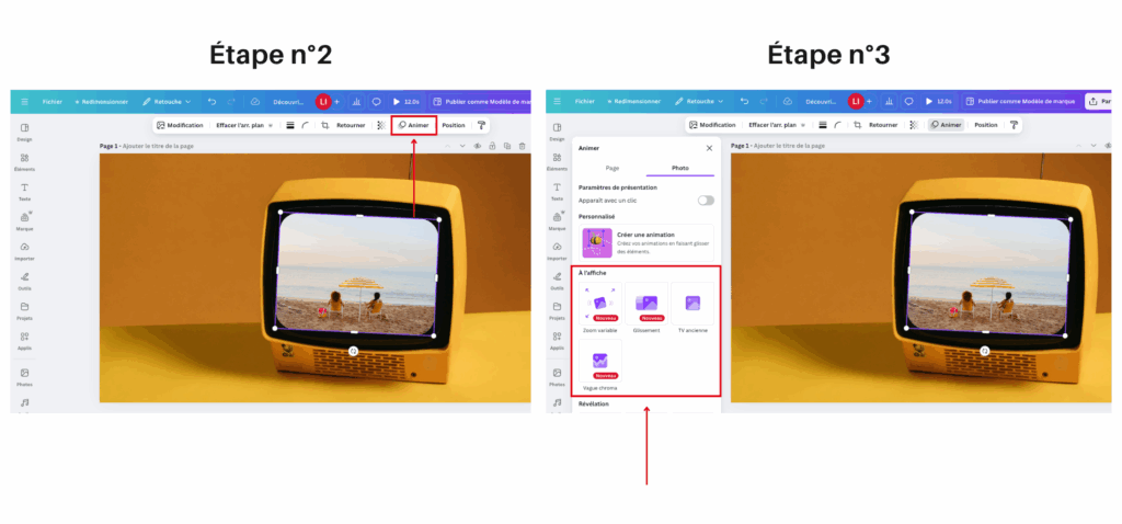 Nouveautés Canva : démonstration des nouvelles animations d’image, comme l’effet TV ancienne.