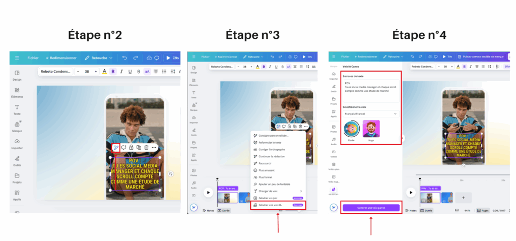 Nouveautés Canva : générer une voix off IA masculine ou féminine directement depuis un design vidéo.