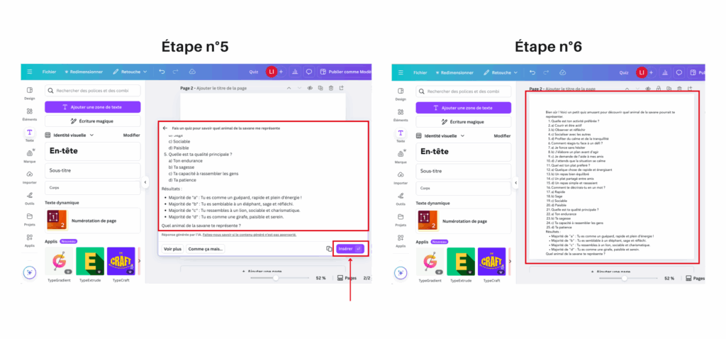 Exemple de quiz généré automatiquement avec l’IA de Canva – aperçu du contenu final et insertion dans le design - une des nouveautés Canva
