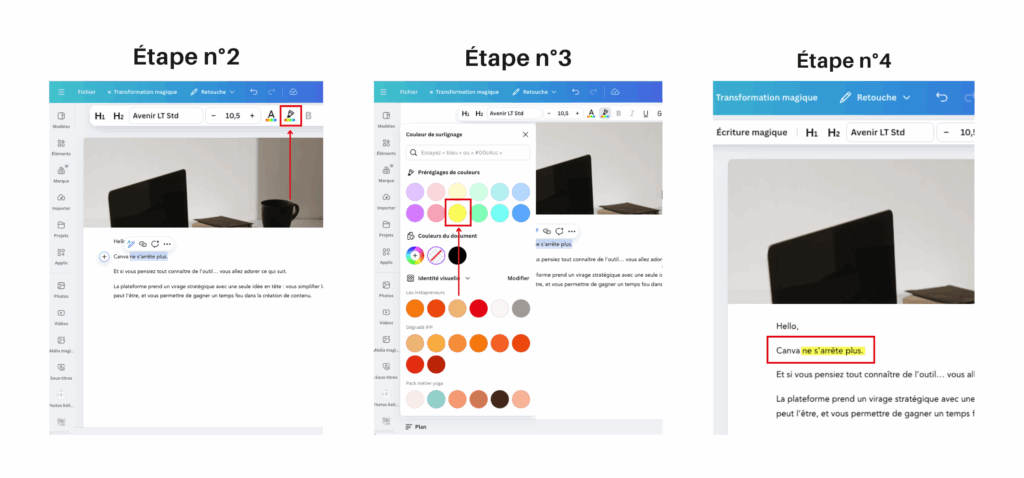 Étapes pour surligner du texte dans Canva Docs – guide visuel des nouveautés Canva.