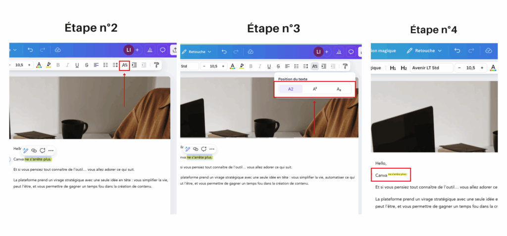 Nouveautés Canva : comment insérer un texte en exposant ou indice dans Canva Docs.