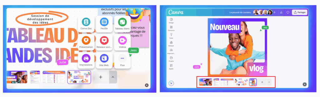 Nouveautés Canva : aperçu de l’interface multi-supports avec les formats Canva Doc, Présentation, Vidéo, Réseaux sociaux, et Tableau blanc.