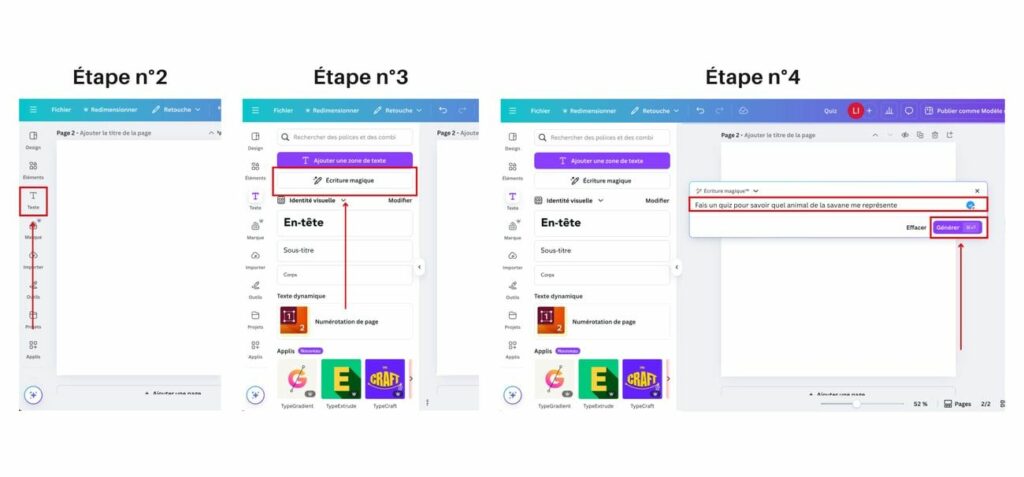 Étapes pour générer un quiz avec l’écriture magique sur Canva - une des nouveautés Canva présentée étape par étape en images.