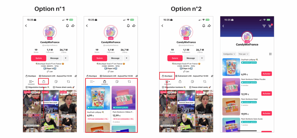Exemple d'interface TikTok Shop sur un profil créateur, avec les deux options d'affichage de la boutique et aperçu des produits mis en vente.