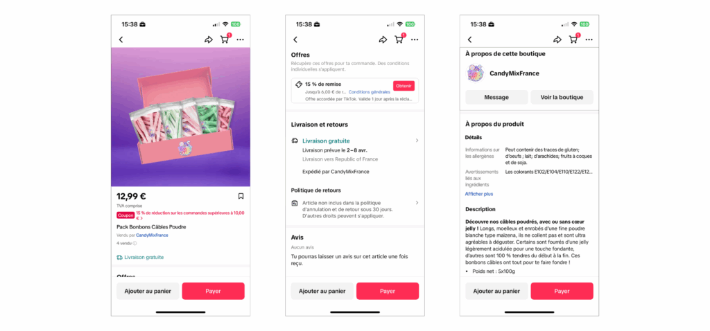 Exemple de fiche produit sur TikTok Shop avec visuel, prix, livraison gratuite et description détaillée.