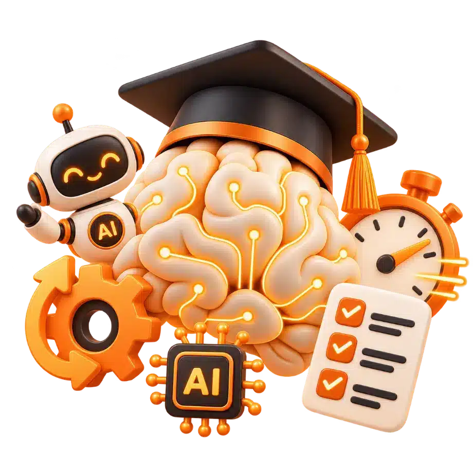 Cerveau IA diplômé entouré de pictos 3D
