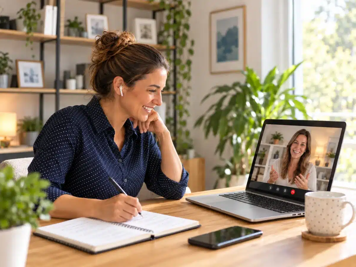 Entrepreneuse prenant des notes pendant une visio avec son formateur