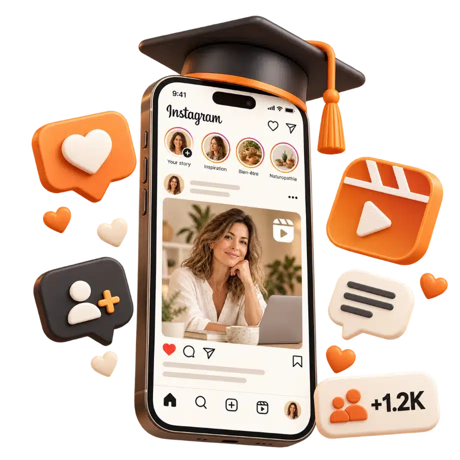 Smartphone affichant Instagram, entouré de pictos réseaux sociaux et d’une toque de diplômé.