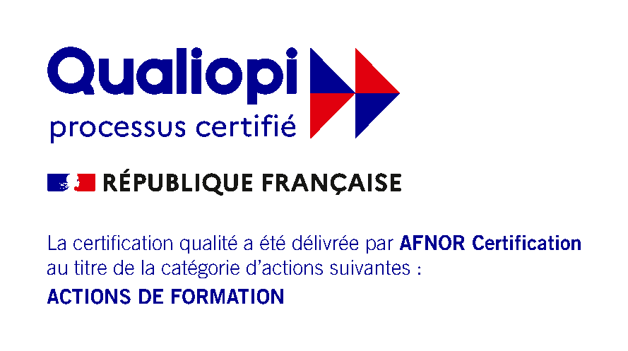 Logo Qualiopi processus certifié, République française : certification qualité délivrée par AFNOR Certification au titre des actions de formation