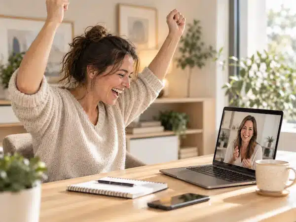 Une entrepreneure lève les bras de joie pendant un échange en visio avec sa formatrice.