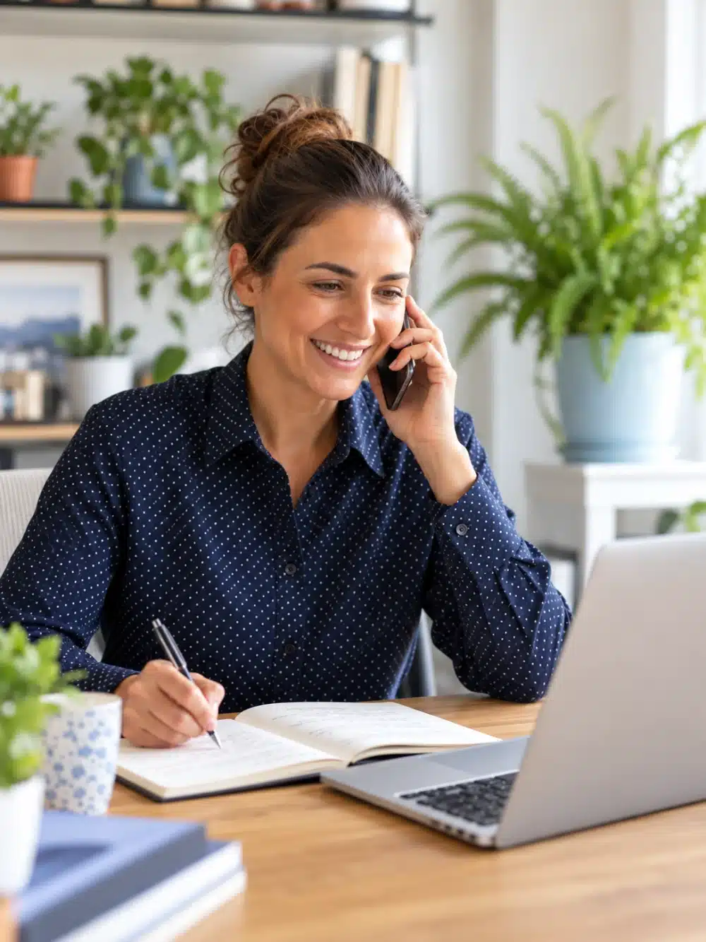 Une femme échange au téléphone en prenant des notes, devant son ordinateur.